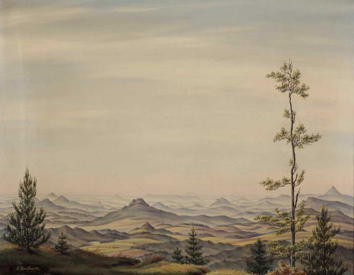 Helene Manßhardt, Blick auf das Lausitzer Gebirge, wohl von der Lausche aus, o. J., Öl auf Leinwand, 65 x 80 cm (mit Rahmen), Inv.-Nr. 19432 SMZ, Fotograf Jürgen Matschie