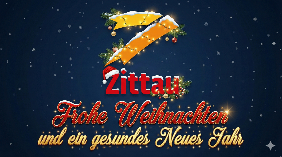 KI-generierter Weihnachtsgruß der Stadtverwaltung mit dem Logo im weihnachtlichen Schmuck