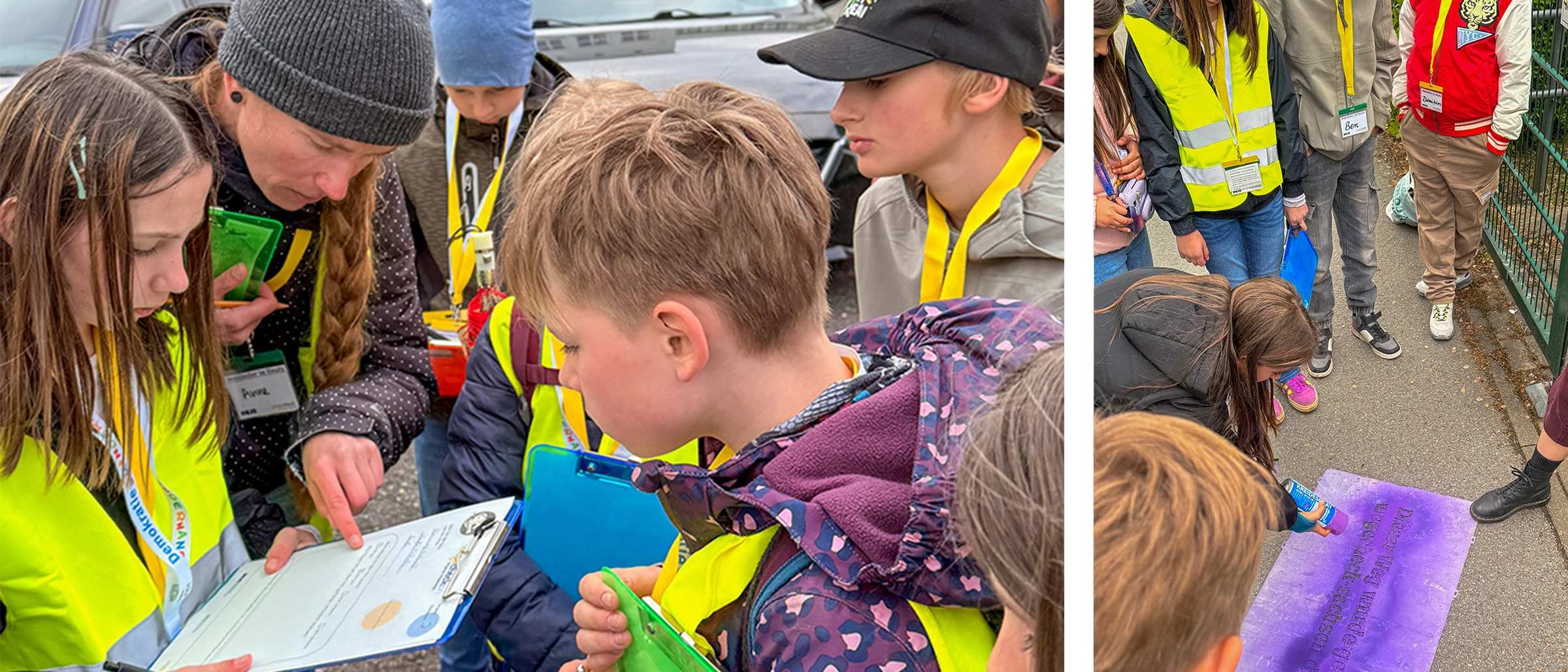 Schulkinder der Wilhelm-Busch-Grundschule gehen in Warnwesten durch die Zittauer Innenstadt und pr&uuml;fen ihren Schulweg. Sie halten bunte Klemmbretter in den H&auml;nden und markieren Stellen, an denen der Weg sicher oder unsicher ist.