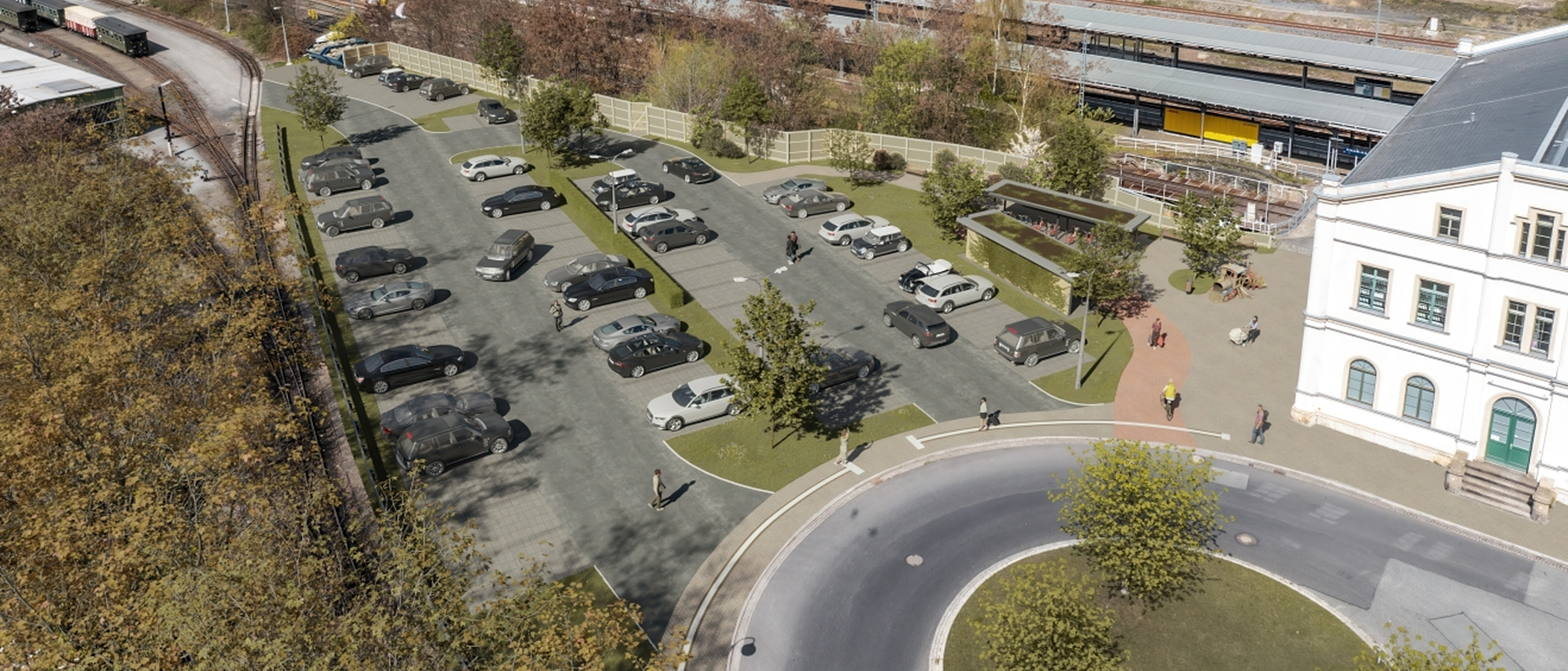 Luftbild des Gel&auml;ndes links neben dem Zittauer Bahnhof mit der geplanten Umgestaltung zum Park and Ride Parkplatz