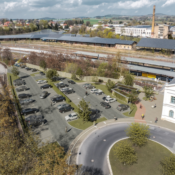 Luftbild des Gel&auml;ndes links neben dem Zittauer Bahnhof mit der geplanten Umgestaltung zum Park and Ride Parkplatz