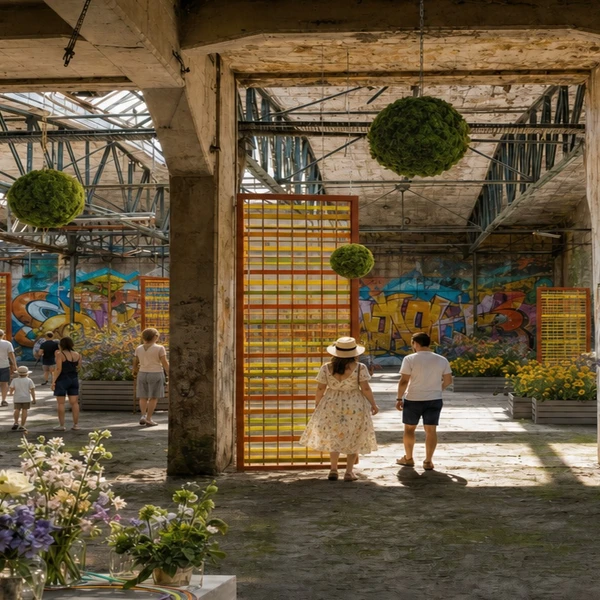 Ein KI-generiertes Bild vom Inneren des ROBUR-Werkes umgestaltet als Blumenhalle f&uuml;r die Landesgartenschau